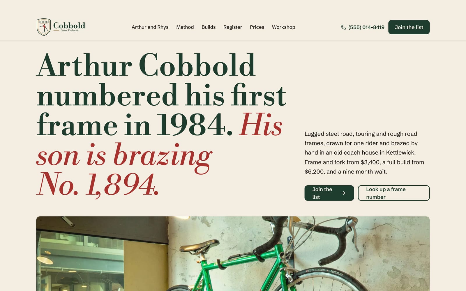 Bicycle frame builder website design: Cobbold Cycles home page, heritage and trust style