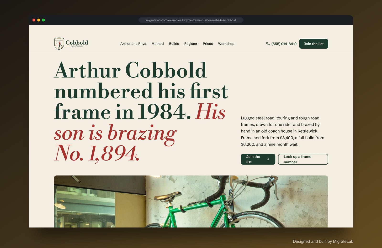 Bicycle frame builder website example by MigrateLab: Cobbold Cycles, a heritage and trust design shown in a browser