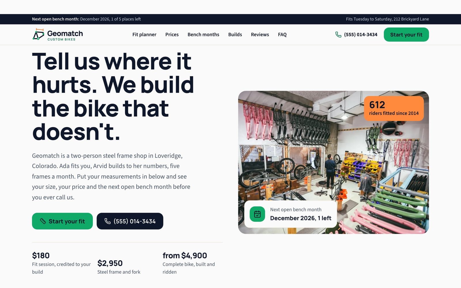 Bicycle frame builder website design: Geomatch Custom Bikes home page, lead machine style