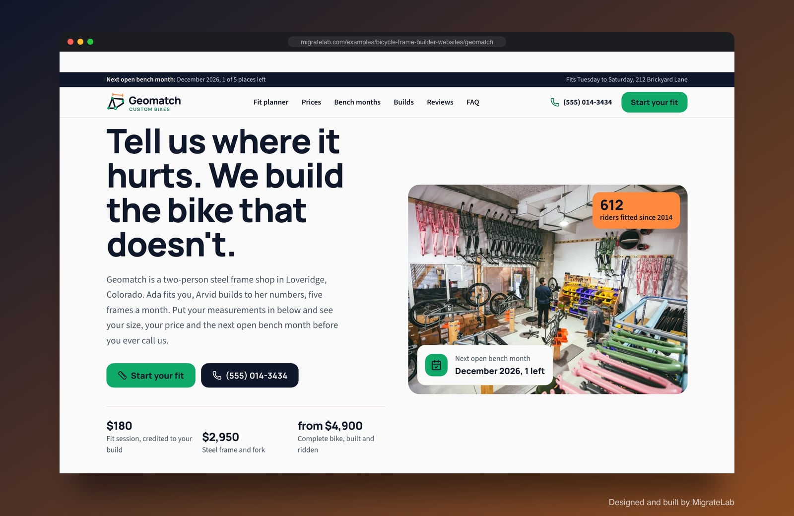Bicycle frame builder website example by MigrateLab: Geomatch Custom Bikes, a lead machine design shown in a browser
