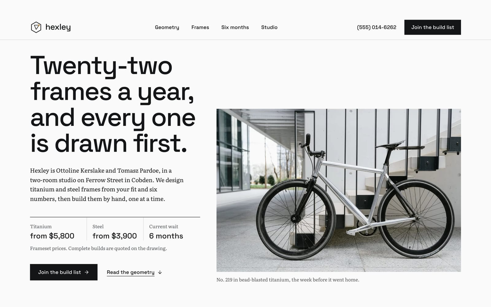Bicycle frame builder website design: Hexley Frameworks home page, premium design-led style