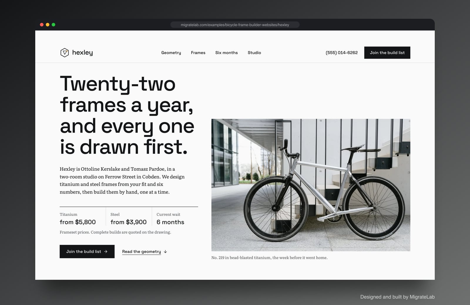 Bicycle frame builder website example by MigrateLab: Hexley Frameworks, a premium design-led design shown in a browser