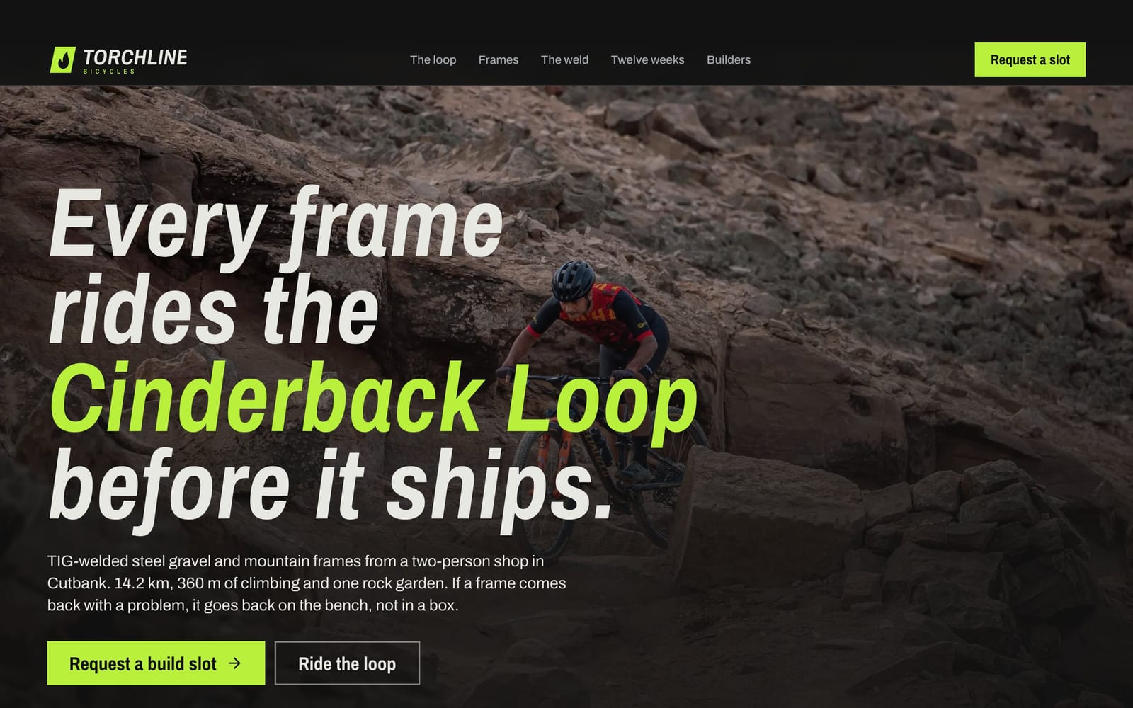 Bicycle frame builder website design: Torchline Bicycles home page, bold and industrial style