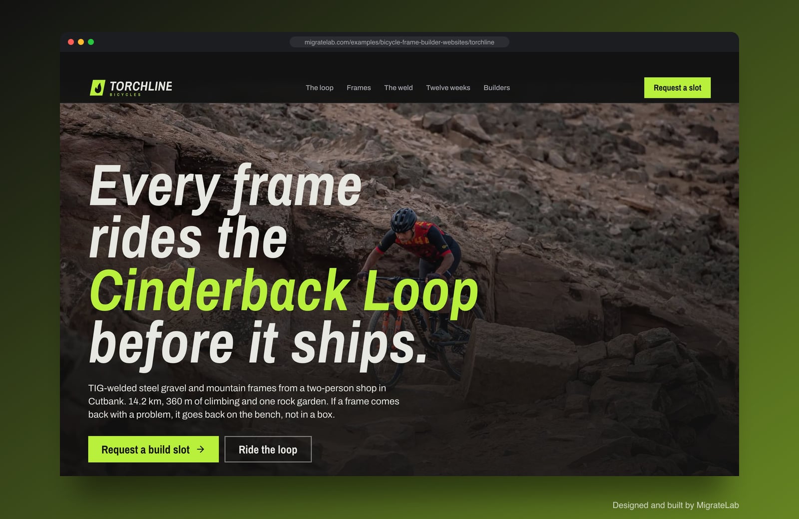 Bicycle frame builder website example by MigrateLab: Torchline Bicycles, a bold and industrial design shown in a browser