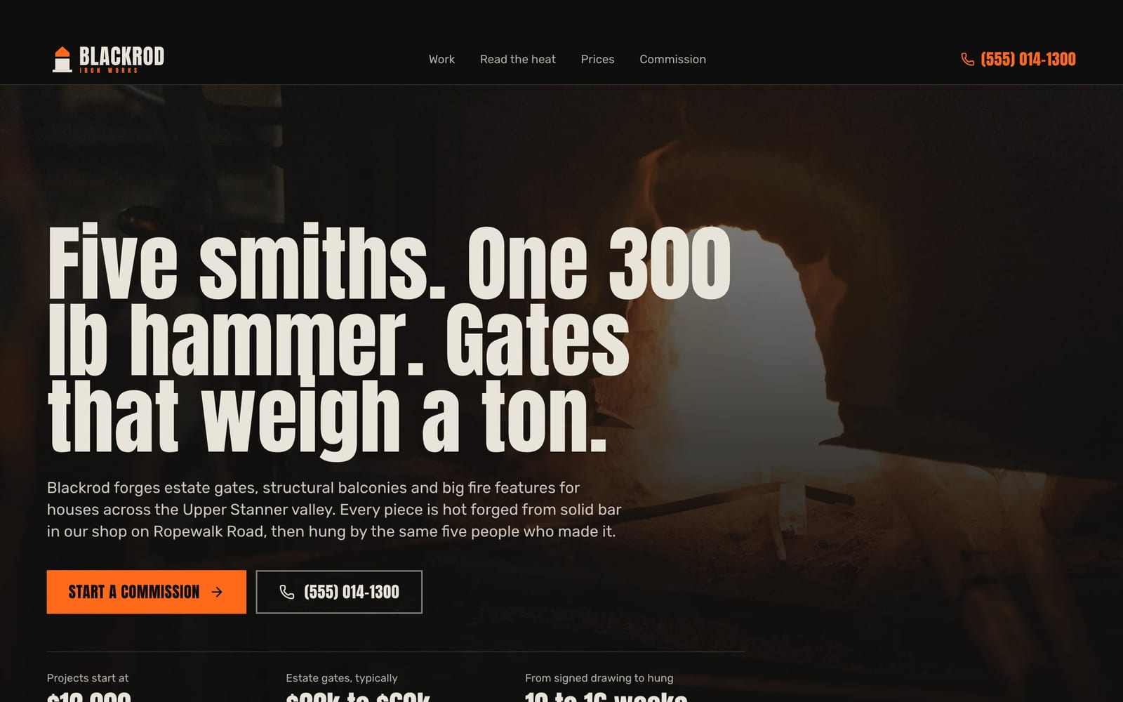 Blacksmith website design: Blackrod Iron Works home page, bold and industrial style