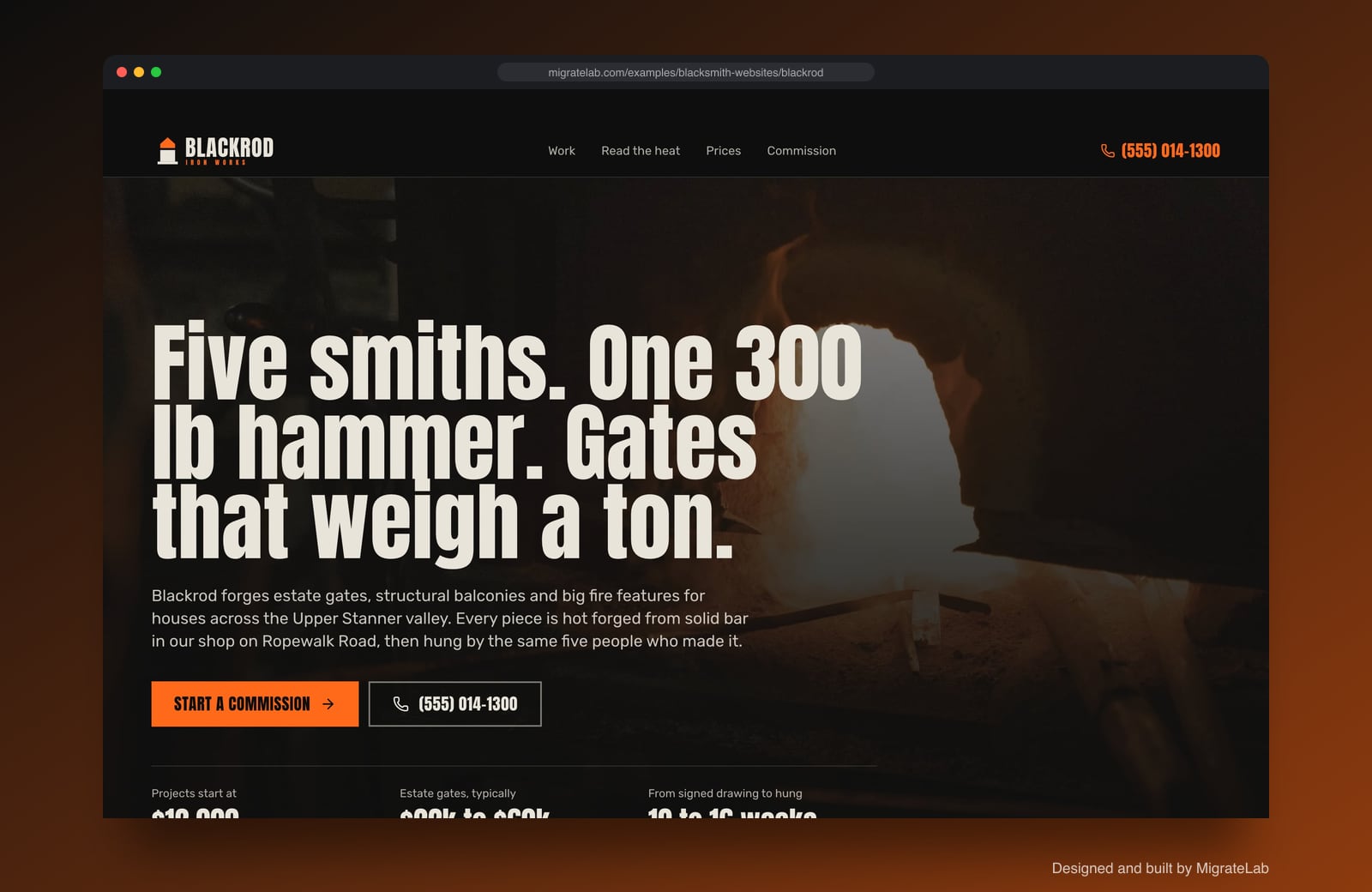 Blacksmith website example by MigrateLab: Blackrod Iron Works, a bold and industrial design shown in a browser