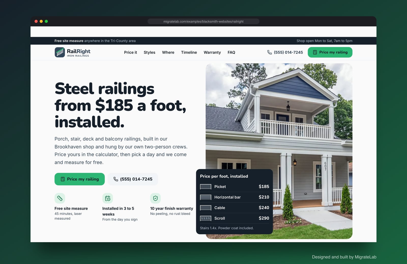 Blacksmith website example by MigrateLab: RailRight Iron Railings, a lead machine design shown in a browser