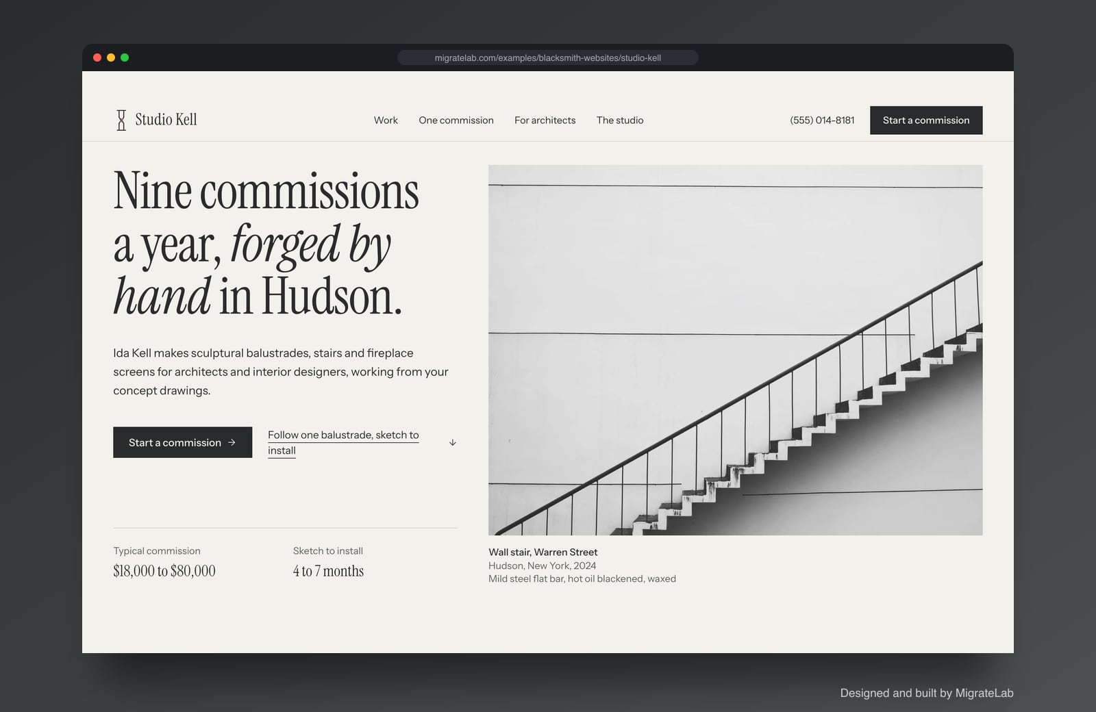 Blacksmith website example by MigrateLab: Studio Kell Forged Metalwork, a premium design-led design shown in a browser