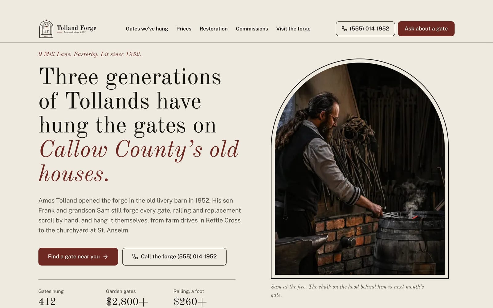 Blacksmith website design: Tolland Forge Ironwork home page, heritage and trust style
