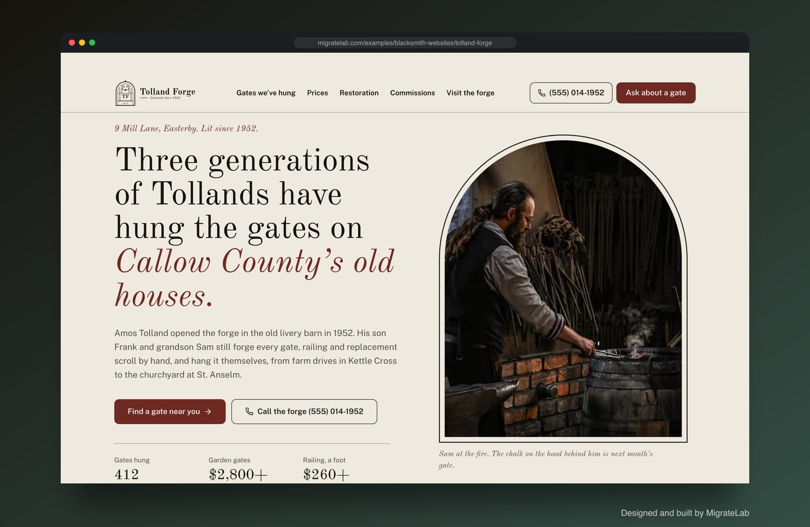 Blacksmith website example by MigrateLab: Tolland Forge Ironwork, a heritage and trust design shown in a browser