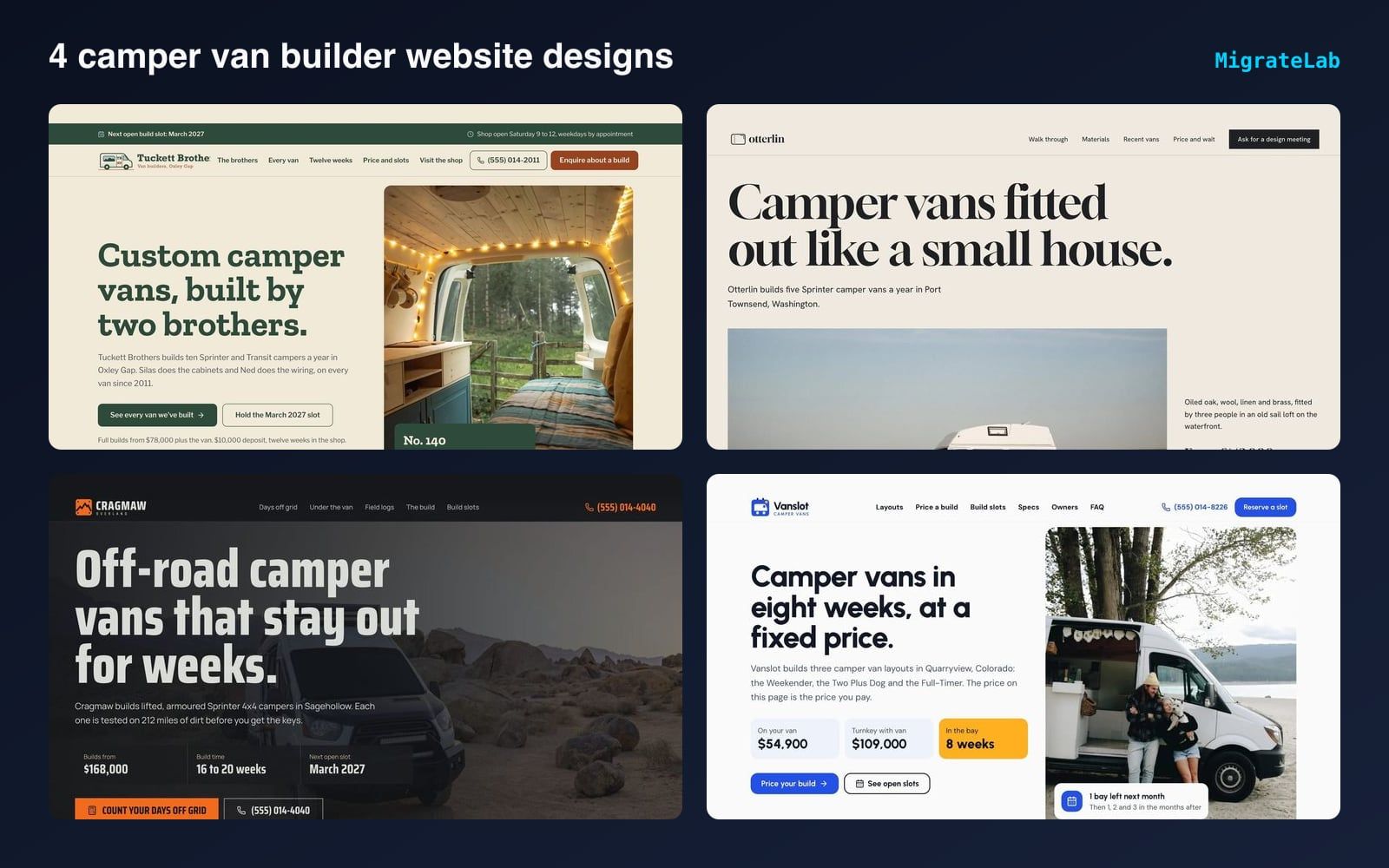 Four camper van builder website designs by MigrateLab shown side by side