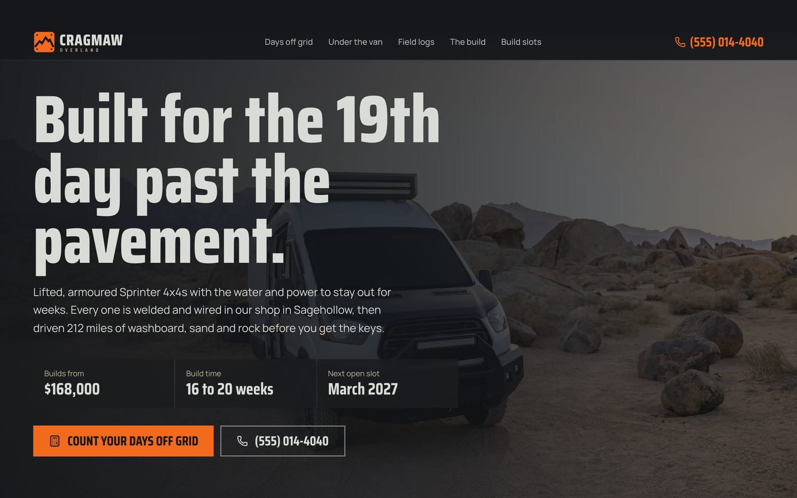 Camper van builder website design: Cragmaw Overland home page, bold and industrial style