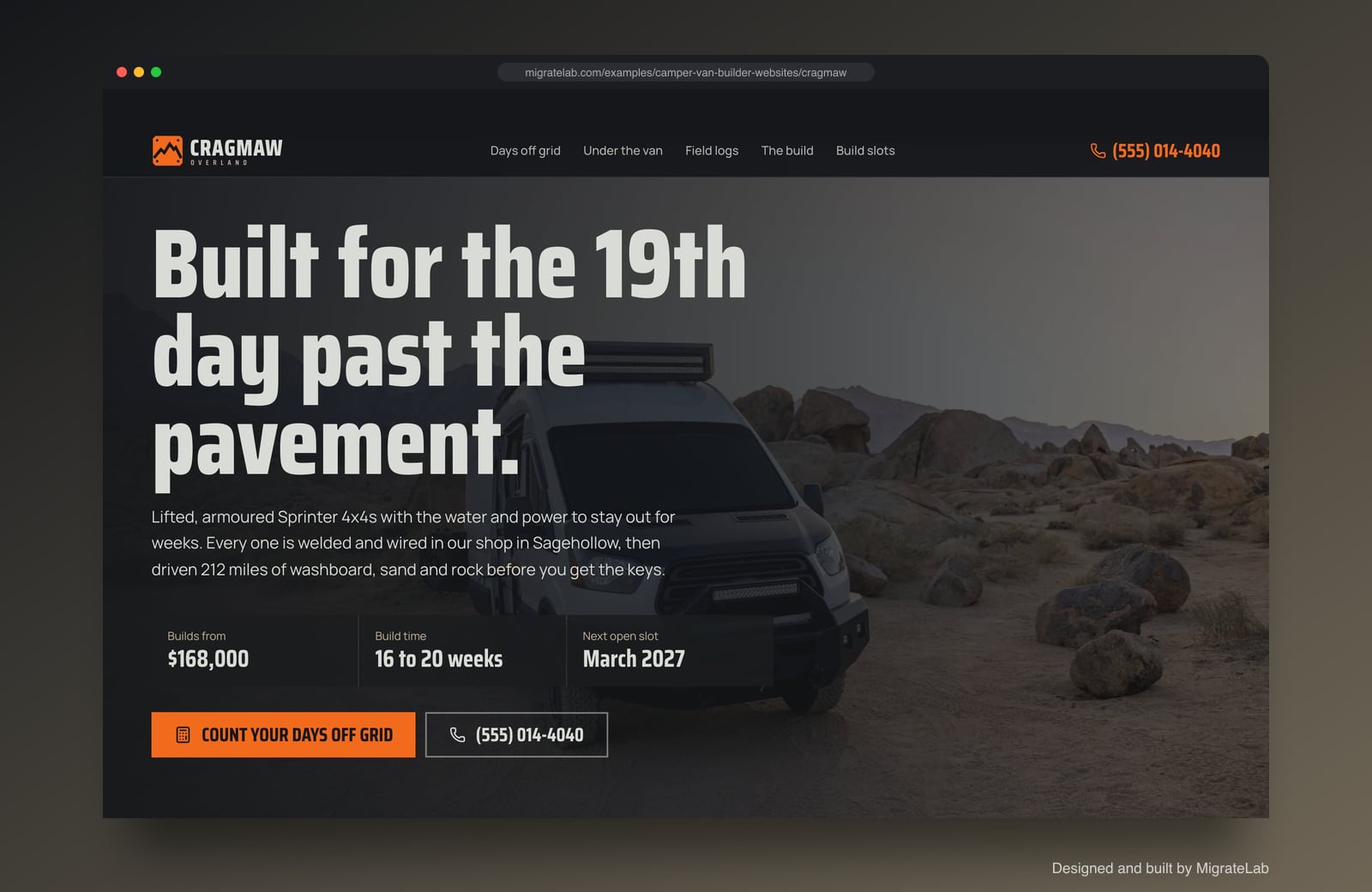 Camper van builder website example by MigrateLab: Cragmaw Overland, a bold and industrial design shown in a browser