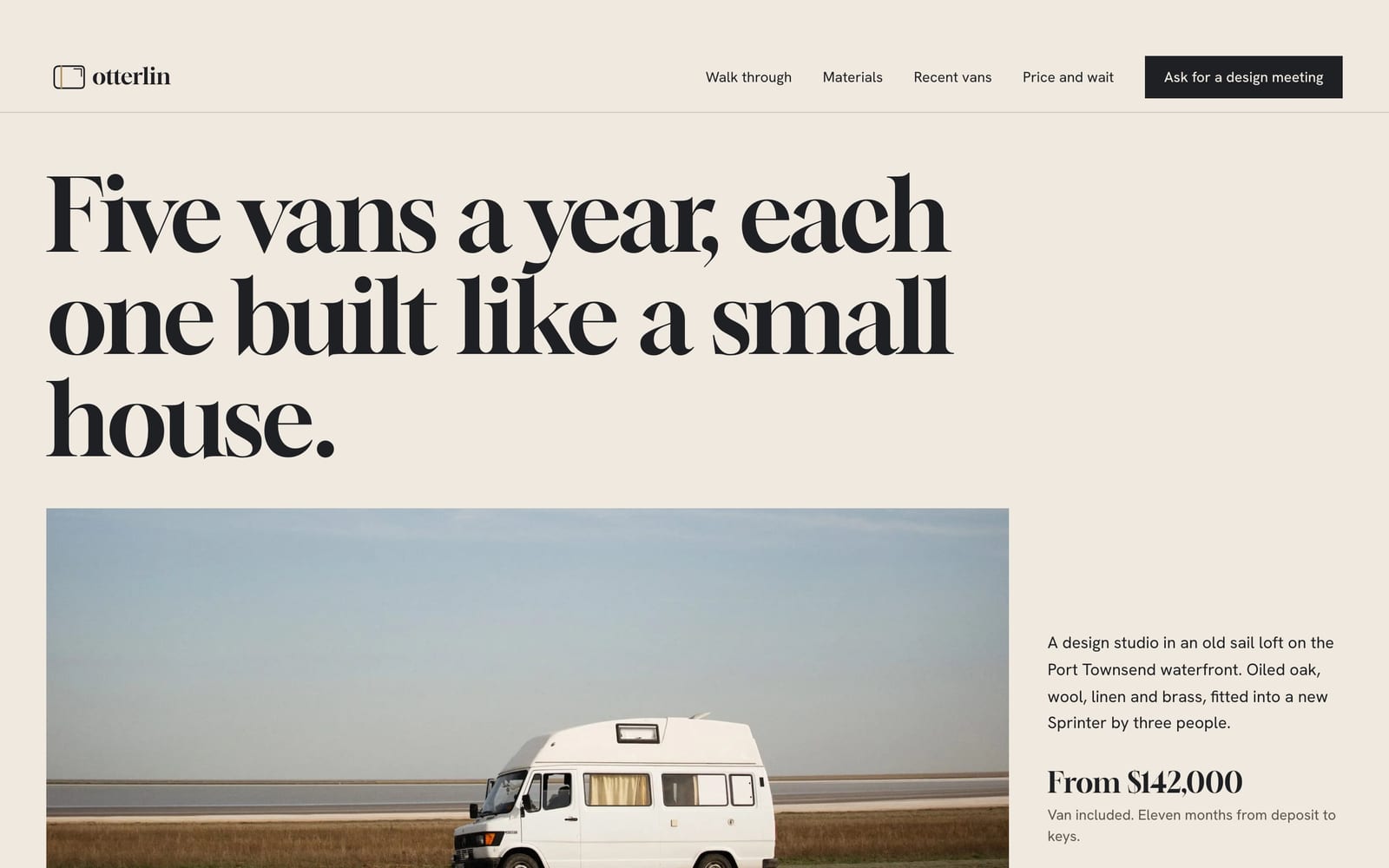 Camper van builder website design: Otterlin Vans home page, premium design-led style