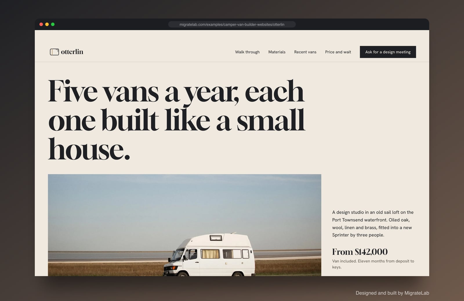 Camper van builder website example by MigrateLab: Otterlin Vans, a premium design-led design shown in a browser