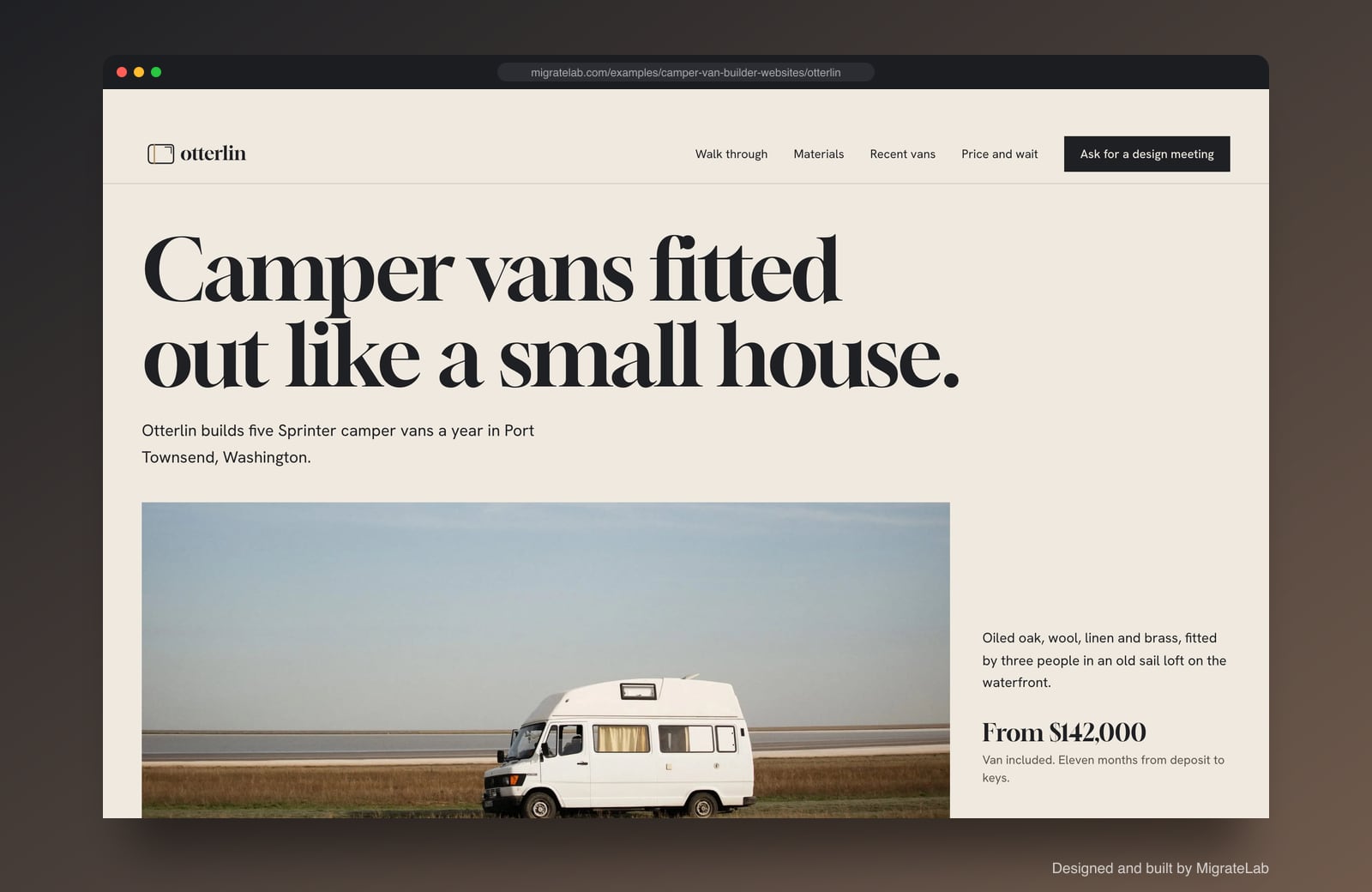 Camper van builder website example by MigrateLab: Otterlin Vans, a premium design-led design shown in a browser