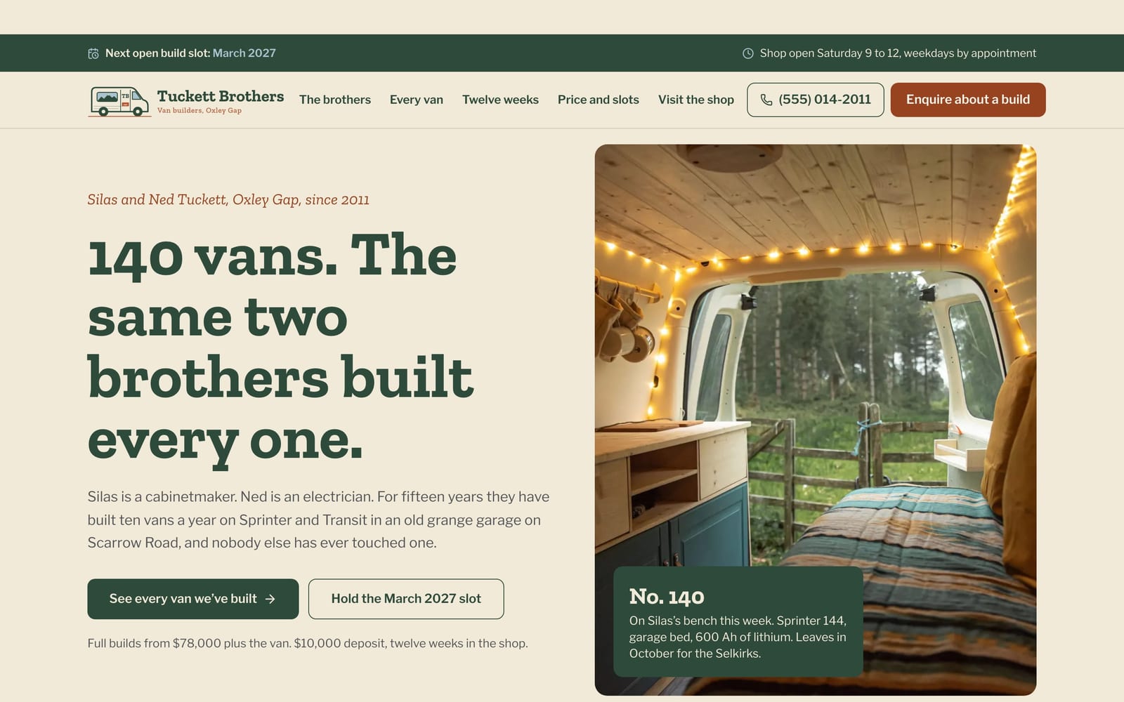 Camper van builder website design: Tuckett Brothers Vans home page, heritage and trust style