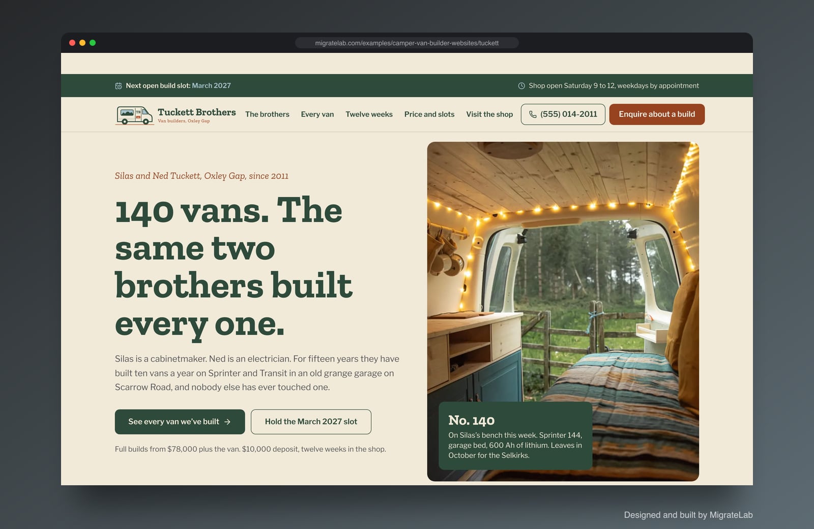 Camper van builder website example by MigrateLab: Tuckett Brothers Vans, a heritage and trust design shown in a browser