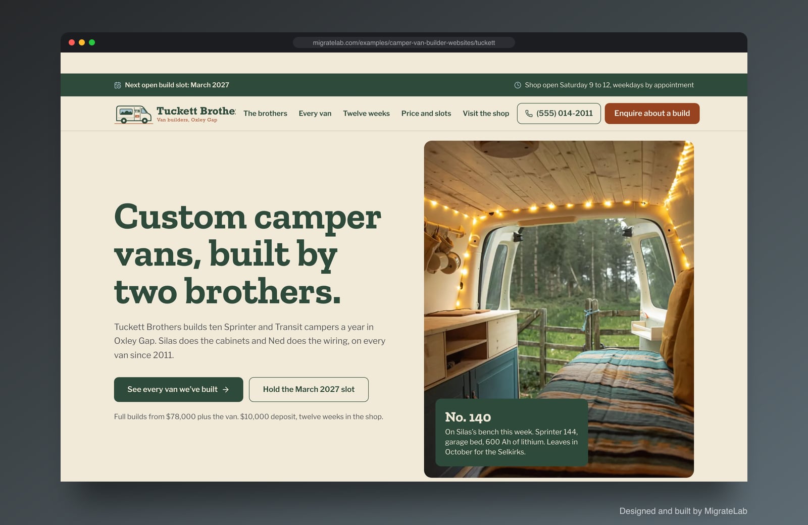 Camper van builder website example by MigrateLab: Tuckett Brothers Vans, a heritage and trust design shown in a browser