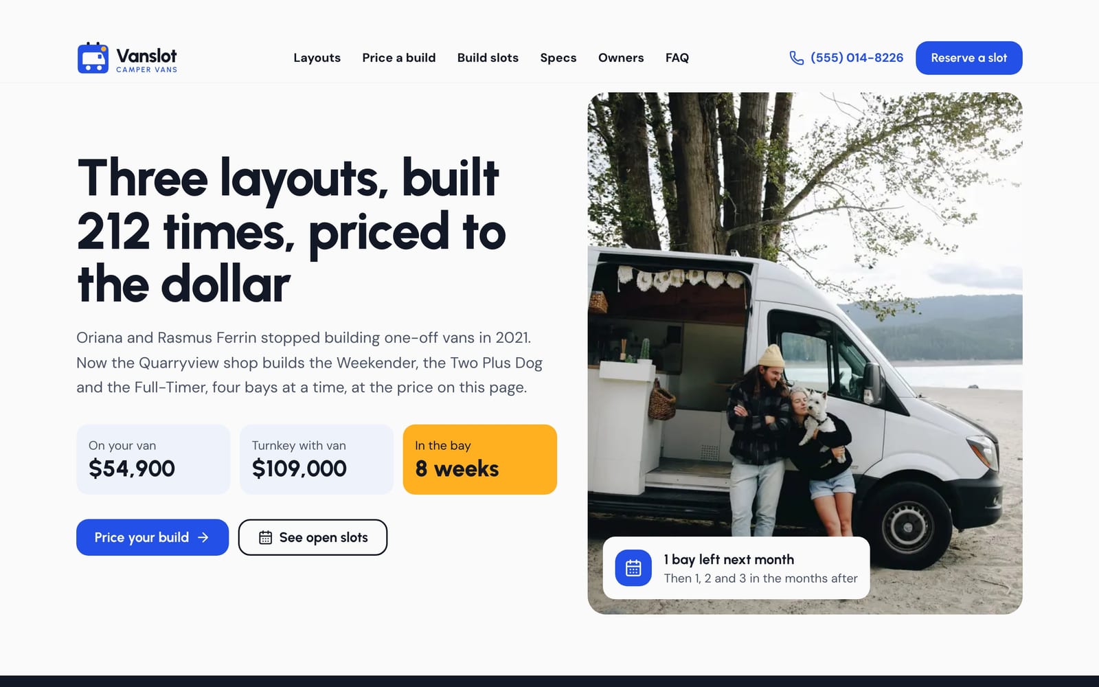 Camper van builder website design: Vanslot Camper Vans home page, lead machine style