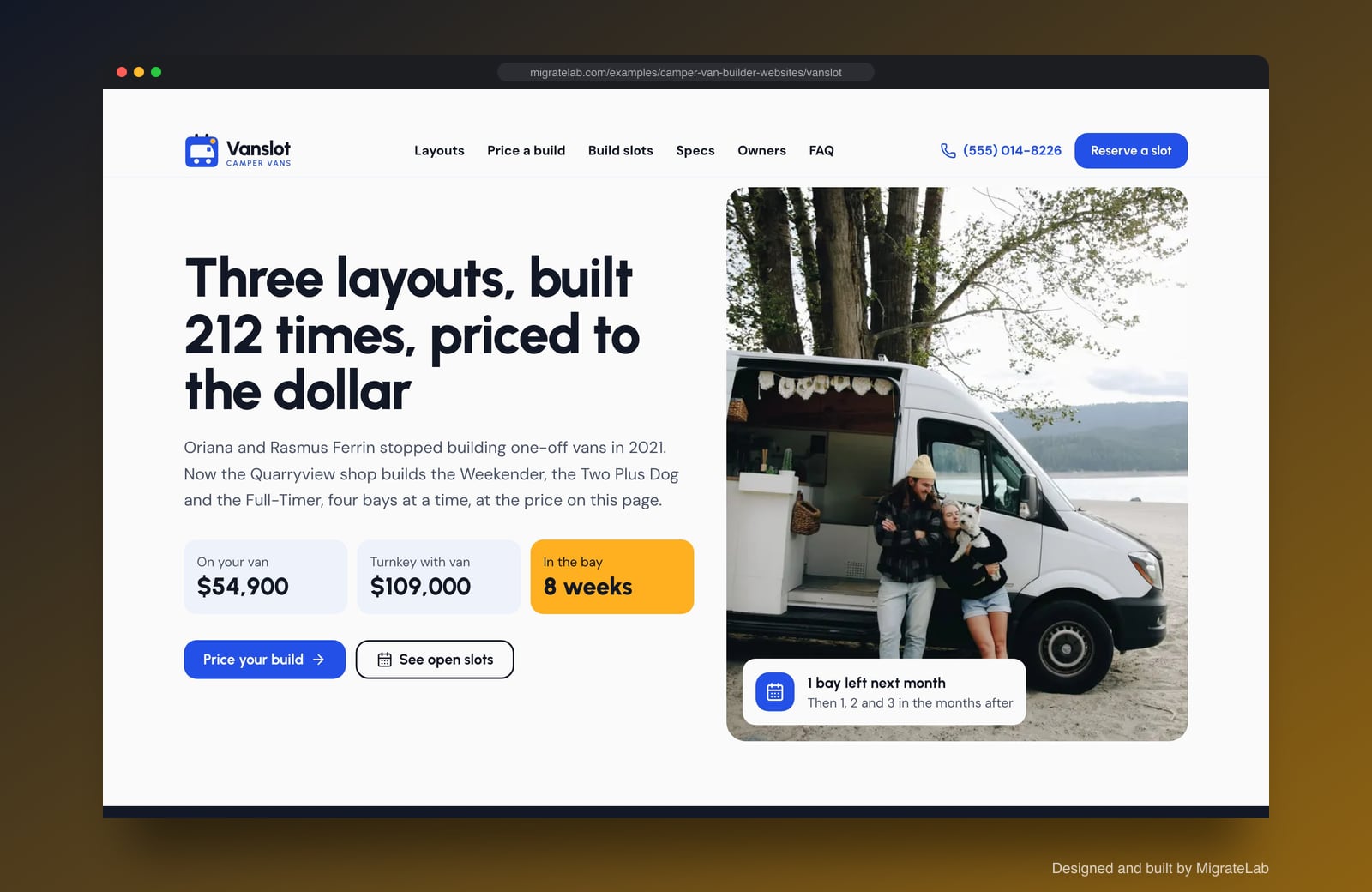 Camper van builder website example by MigrateLab: Vanslot Camper Vans, a lead machine design shown in a browser