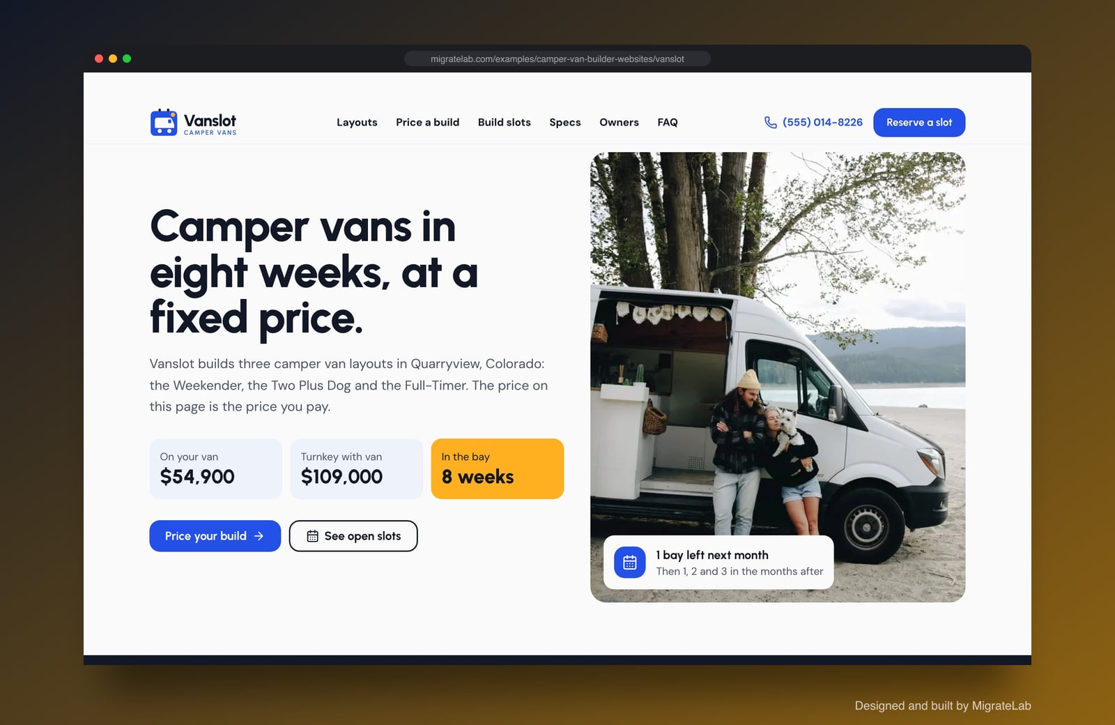 Camper van builder website example by MigrateLab: Vanslot Camper Vans, a lead machine design shown in a browser