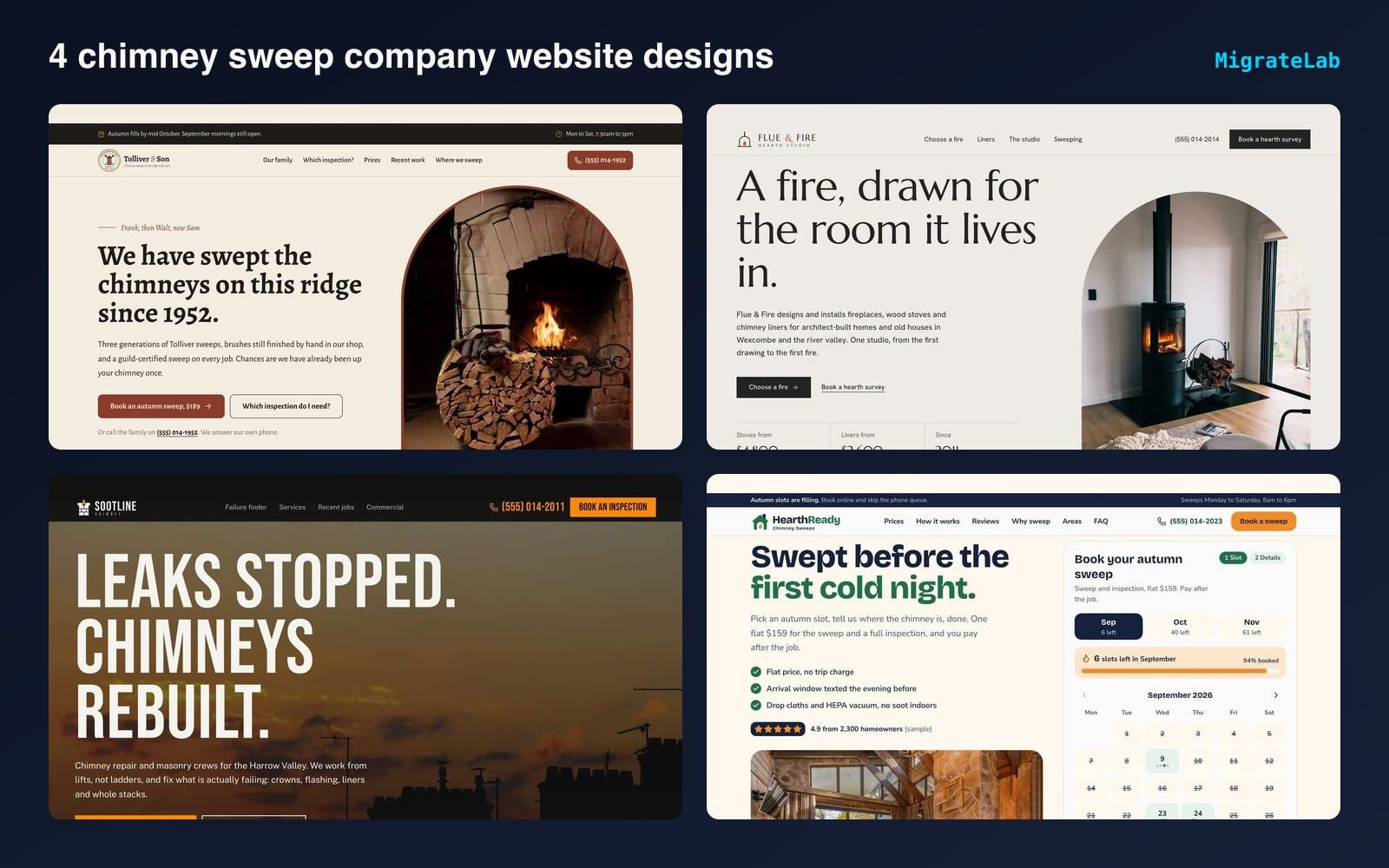 Four chimney sweep company website designs by MigrateLab shown side by side