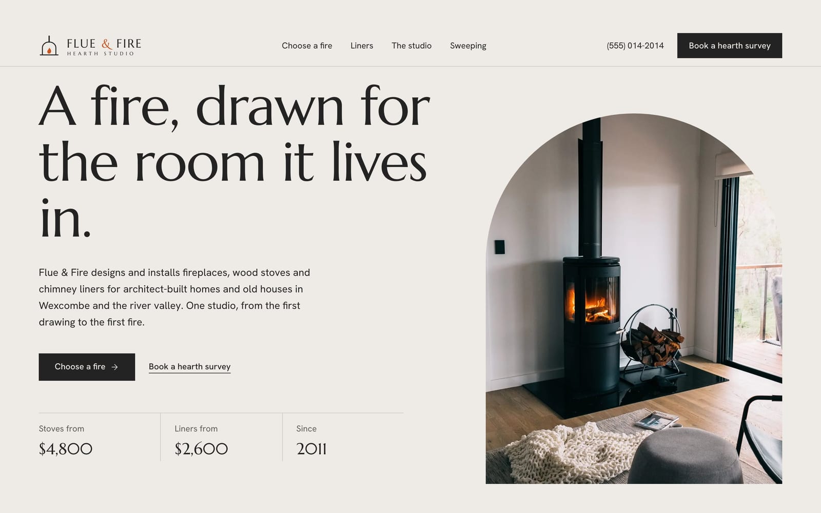 Chimney sweep company website design: Flue & Fire Hearth Studio home page, premium design-led style