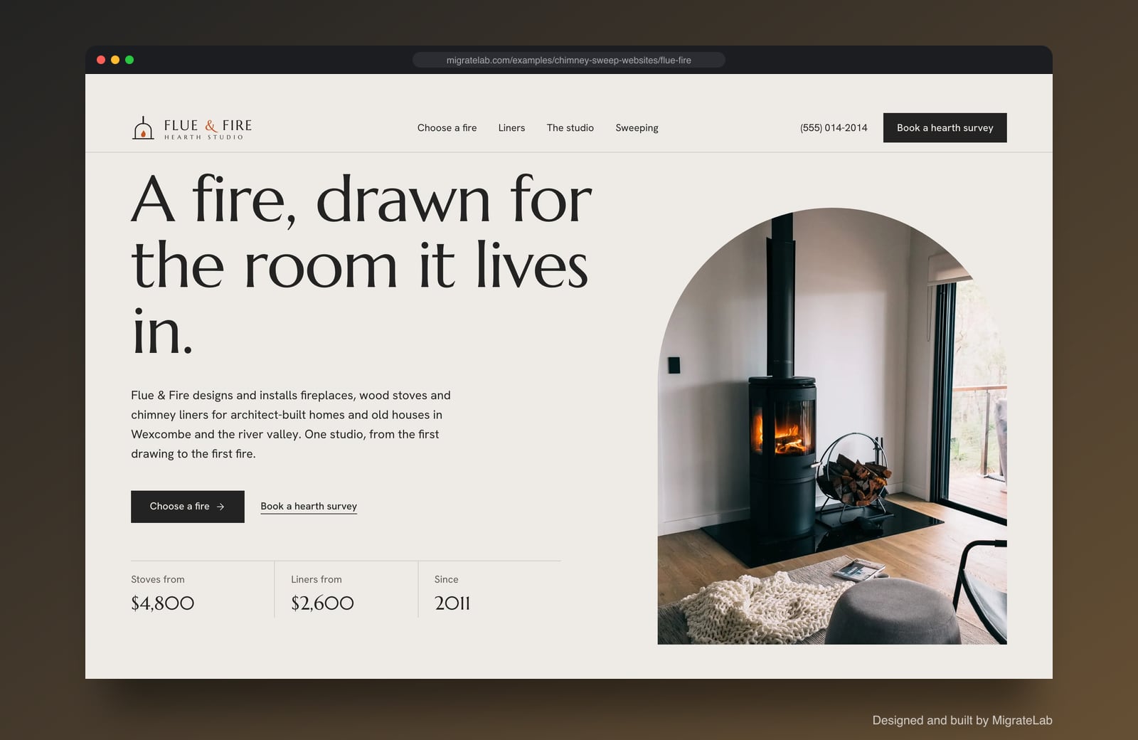 Chimney sweep company website example by MigrateLab: Flue & Fire Hearth Studio, a premium design-led design shown in a browser