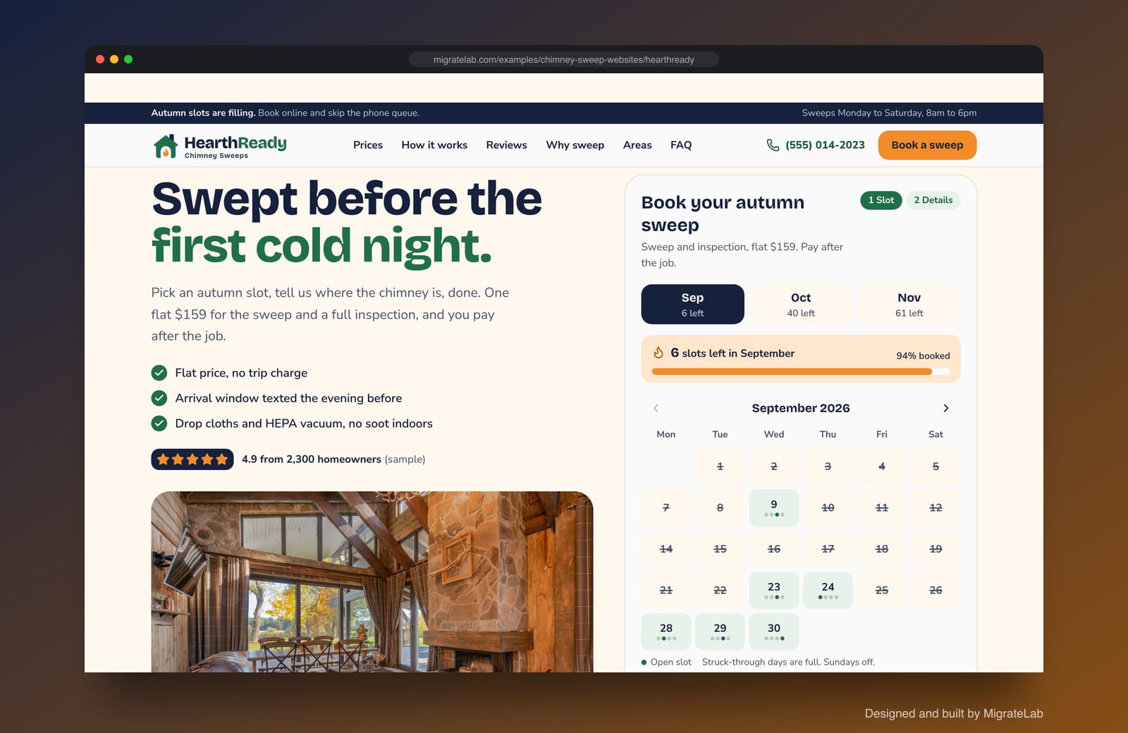 Chimney sweep company website example by MigrateLab: HearthReady Chimney Sweeps, a lead machine design shown in a browser