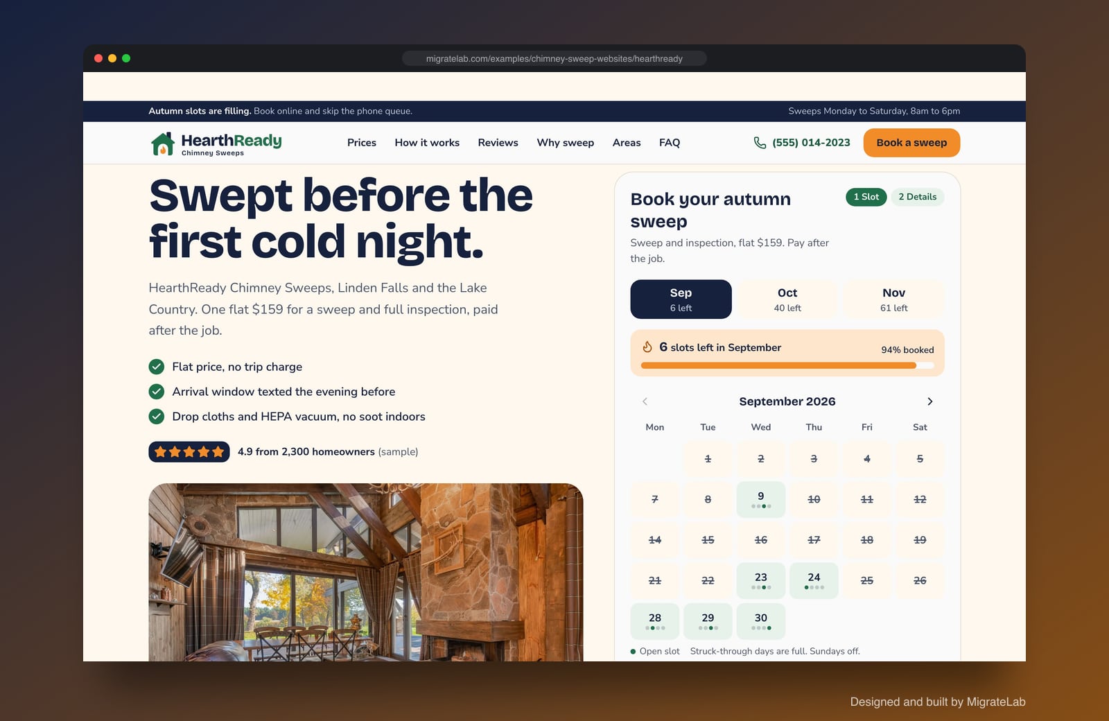 Chimney sweep company website example by MigrateLab: HearthReady Chimney Sweeps, a lead machine design shown in a browser