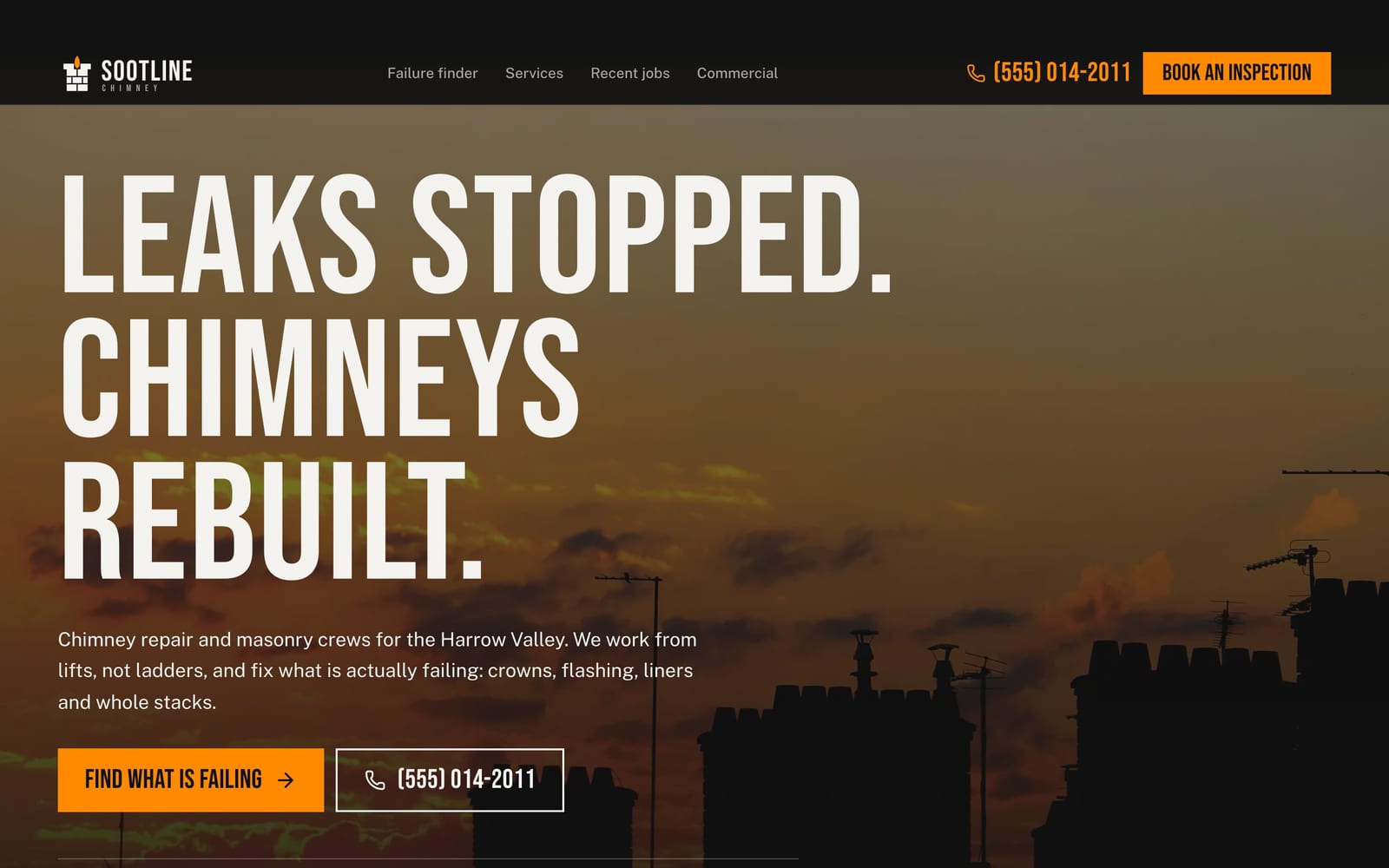 Chimney sweep company website design: Sootline Chimney home page, bold and industrial style