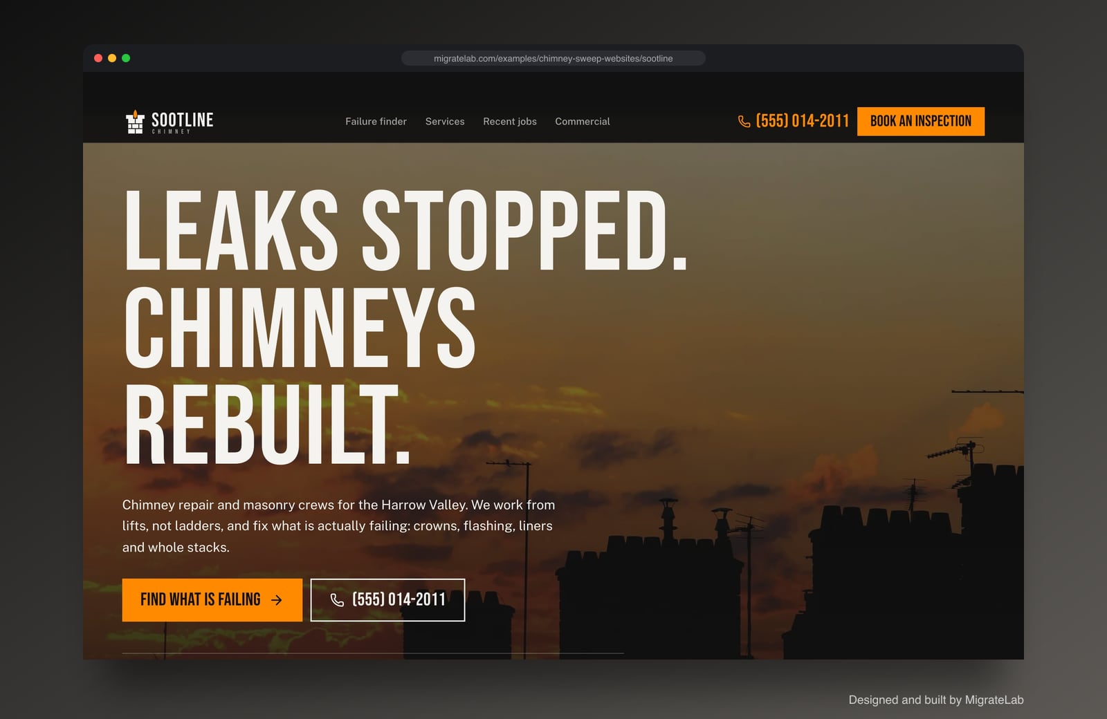 Chimney sweep company website example by MigrateLab: Sootline Chimney, a bold and industrial design shown in a browser
