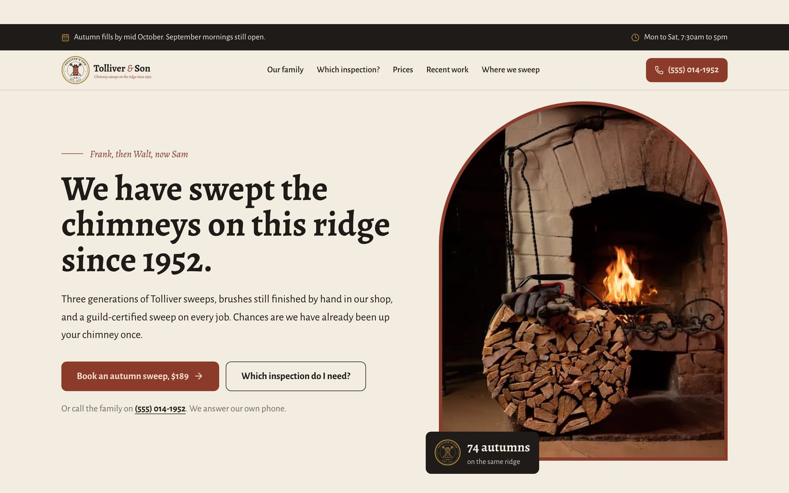 Chimney sweep company website design: Tolliver & Son Chimney Sweeps home page, heritage and trust style