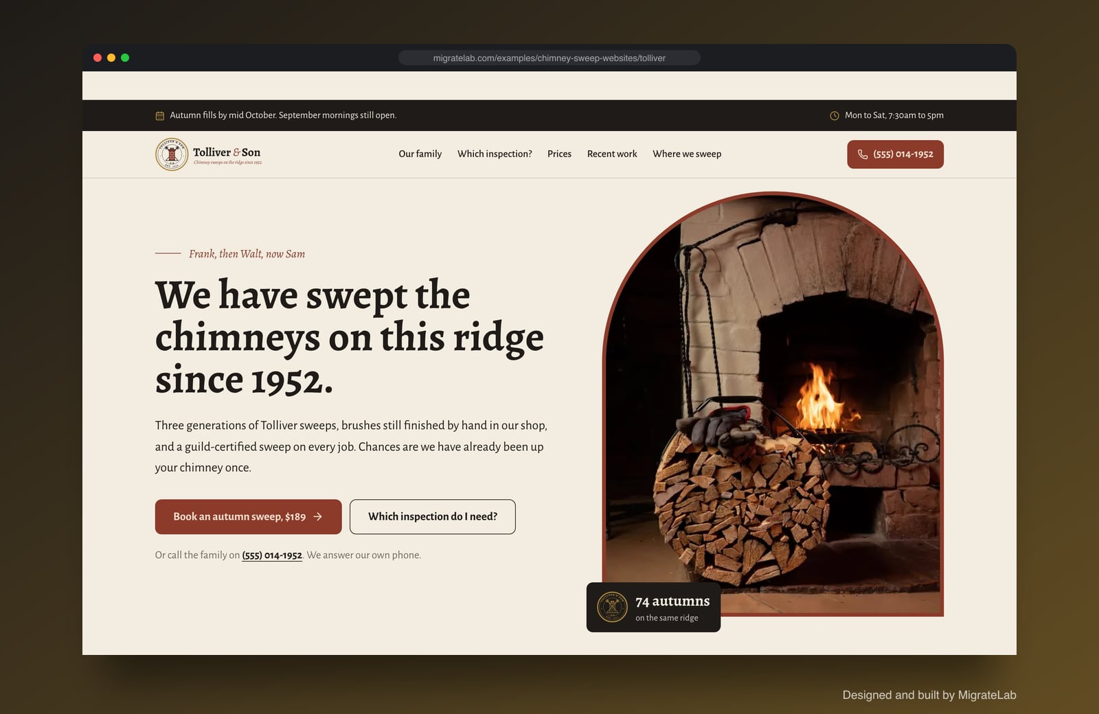 Chimney sweep company website example by MigrateLab: Tolliver & Son Chimney Sweeps, a heritage and trust design shown in a browser