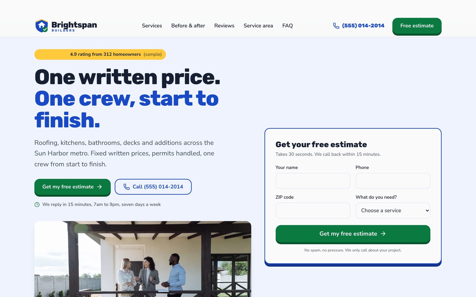 Construction company website design: Brightspan Builders home page, lead machine style
