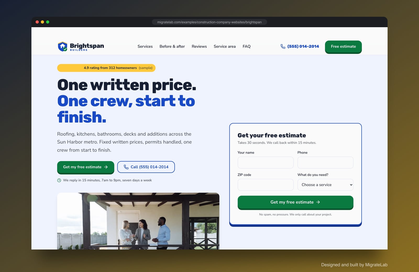 Construction company website example by MigrateLab: Brightspan Builders, a lead machine design shown in a browser