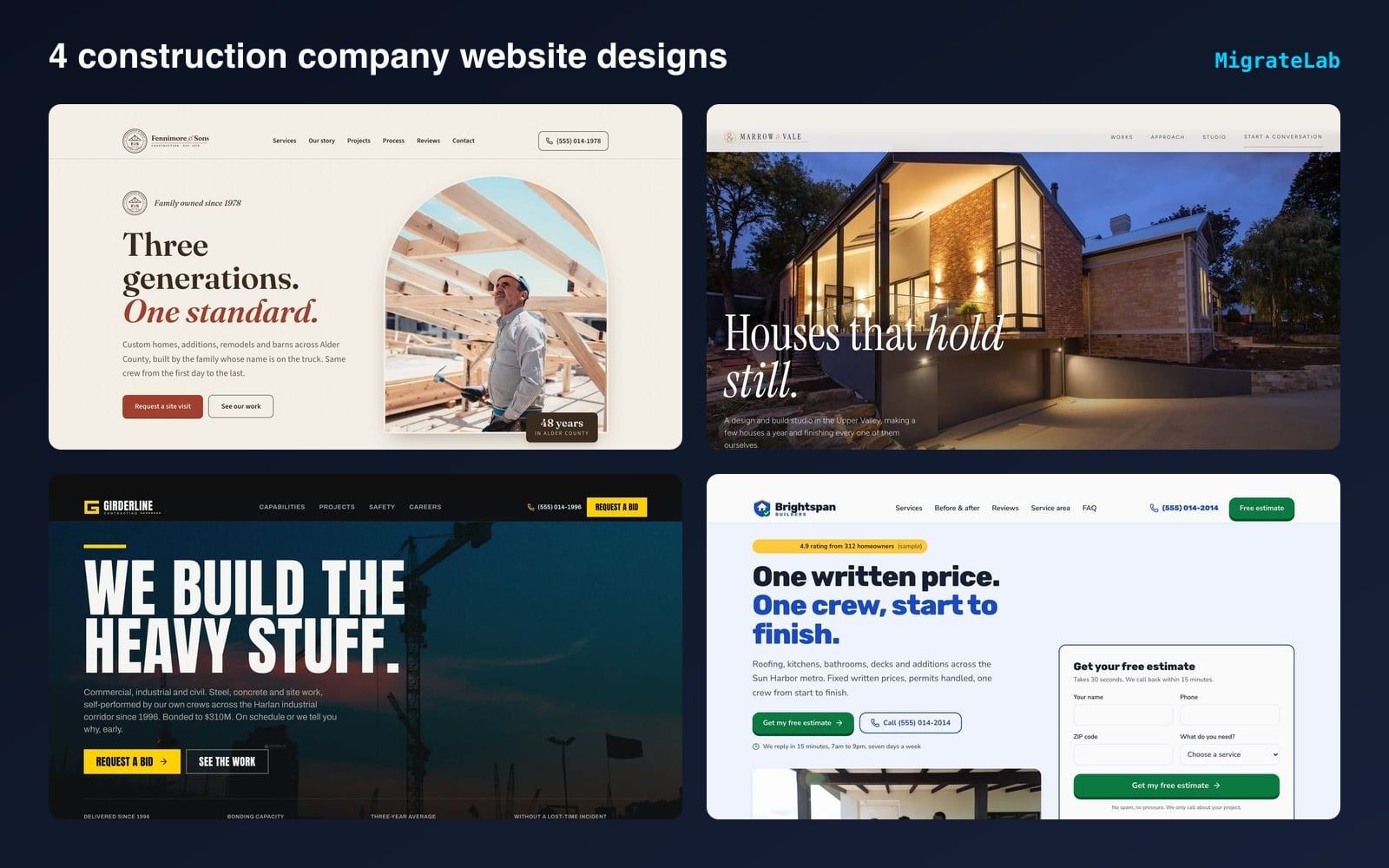 Four construction company website designs by MigrateLab shown side by side