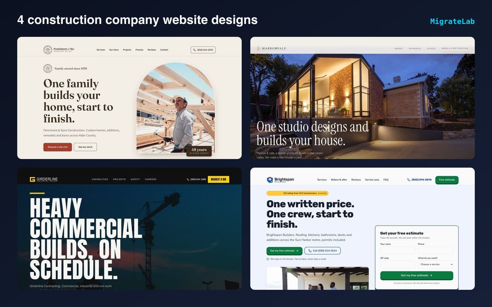 Four construction company website designs by MigrateLab shown side by side