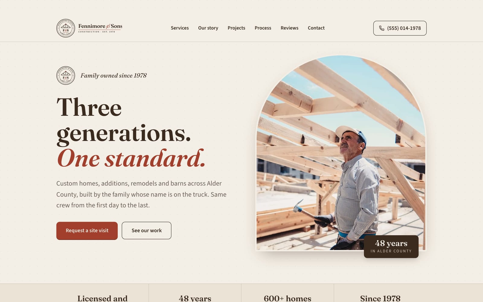 Construction company website design: Fennimore & Sons Construction home page, heritage and trust style