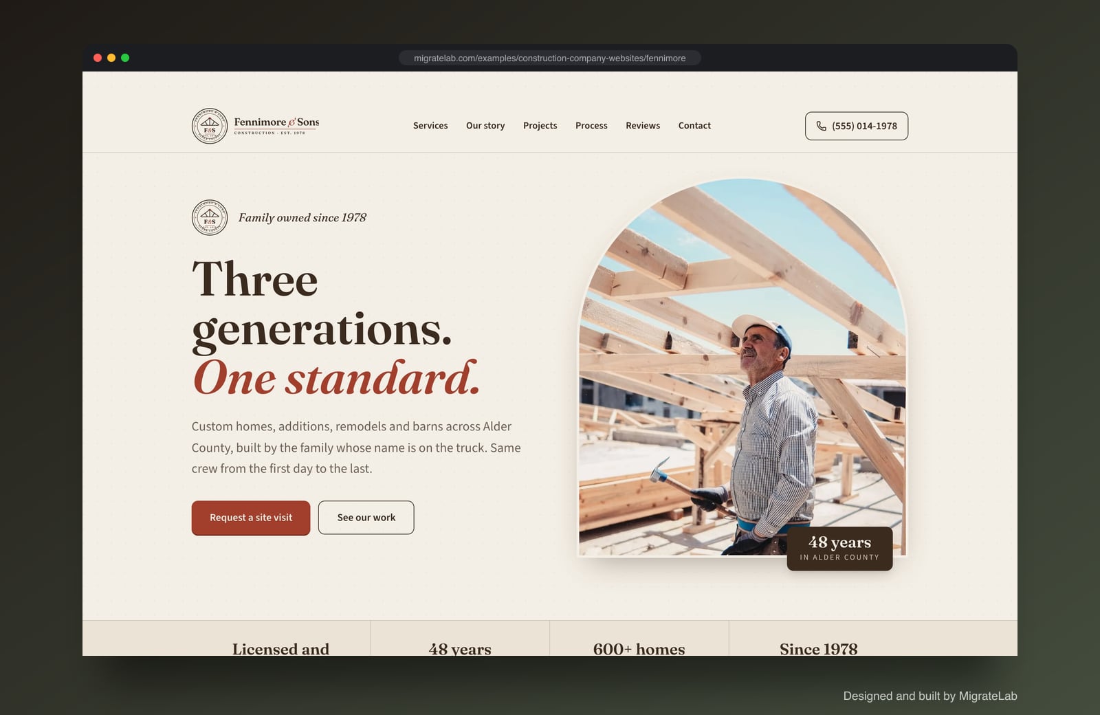 Construction company website example by MigrateLab: Fennimore & Sons Construction, a heritage and trust design shown in a browser