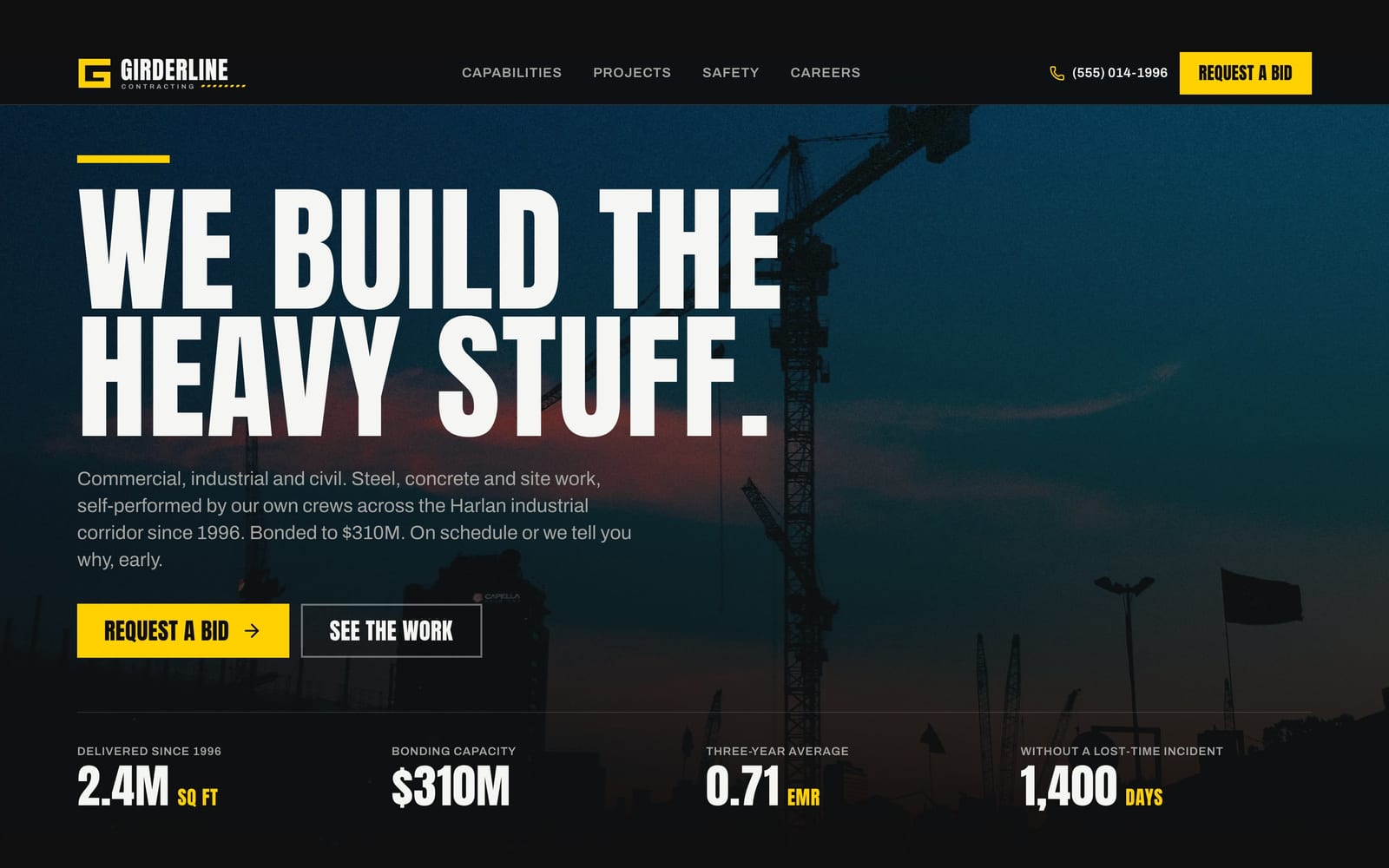 Construction company website design: Girderline Contracting home page, bold and industrial style