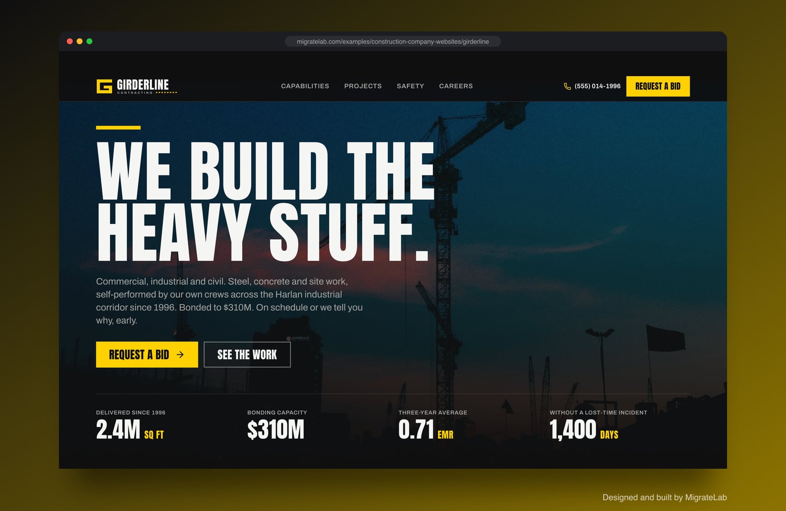 Construction company website example by MigrateLab: Girderline Contracting, a bold and industrial design shown in a browser