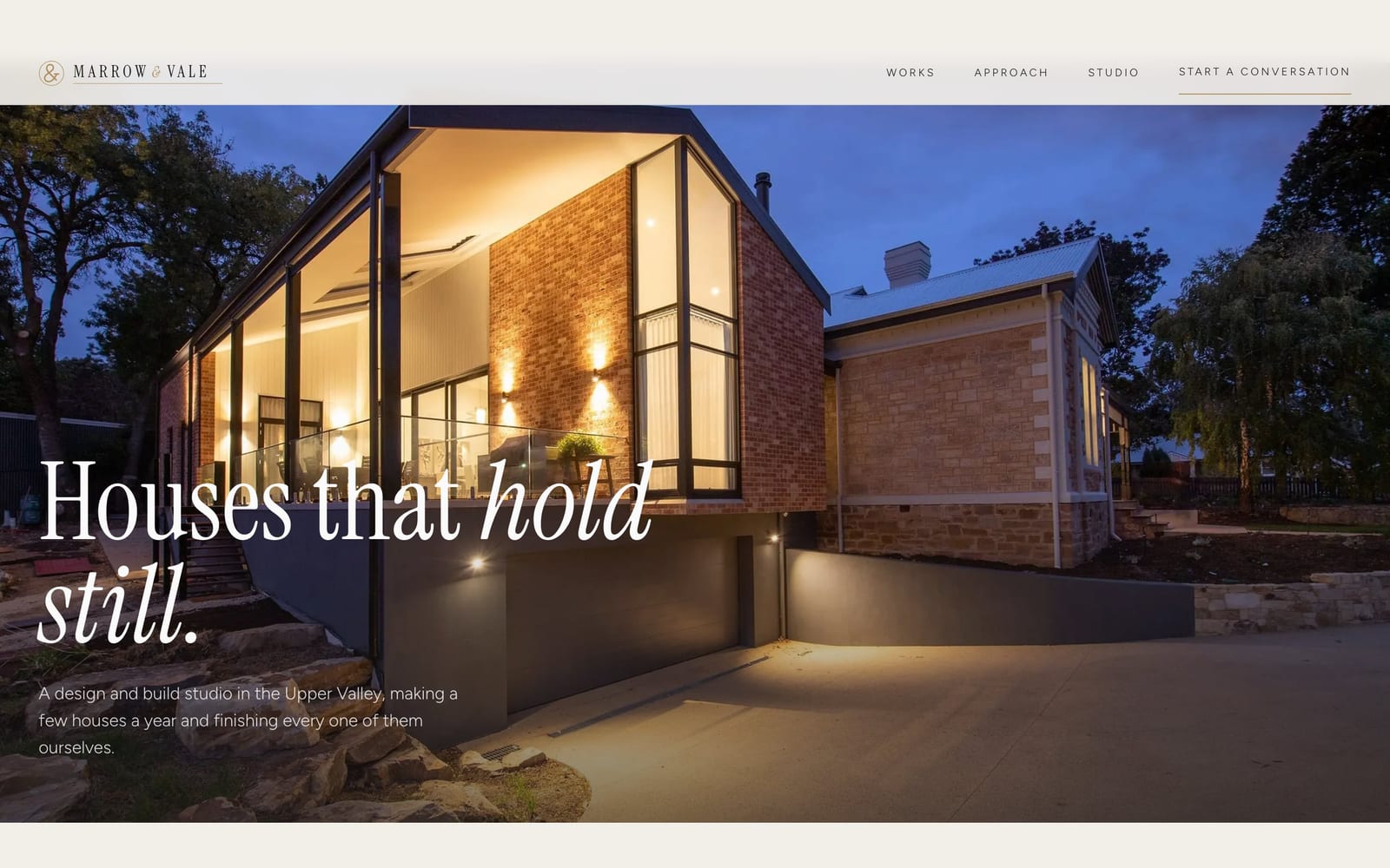 Construction company website design: Marrow & Vale Design and build home page, premium design-led style