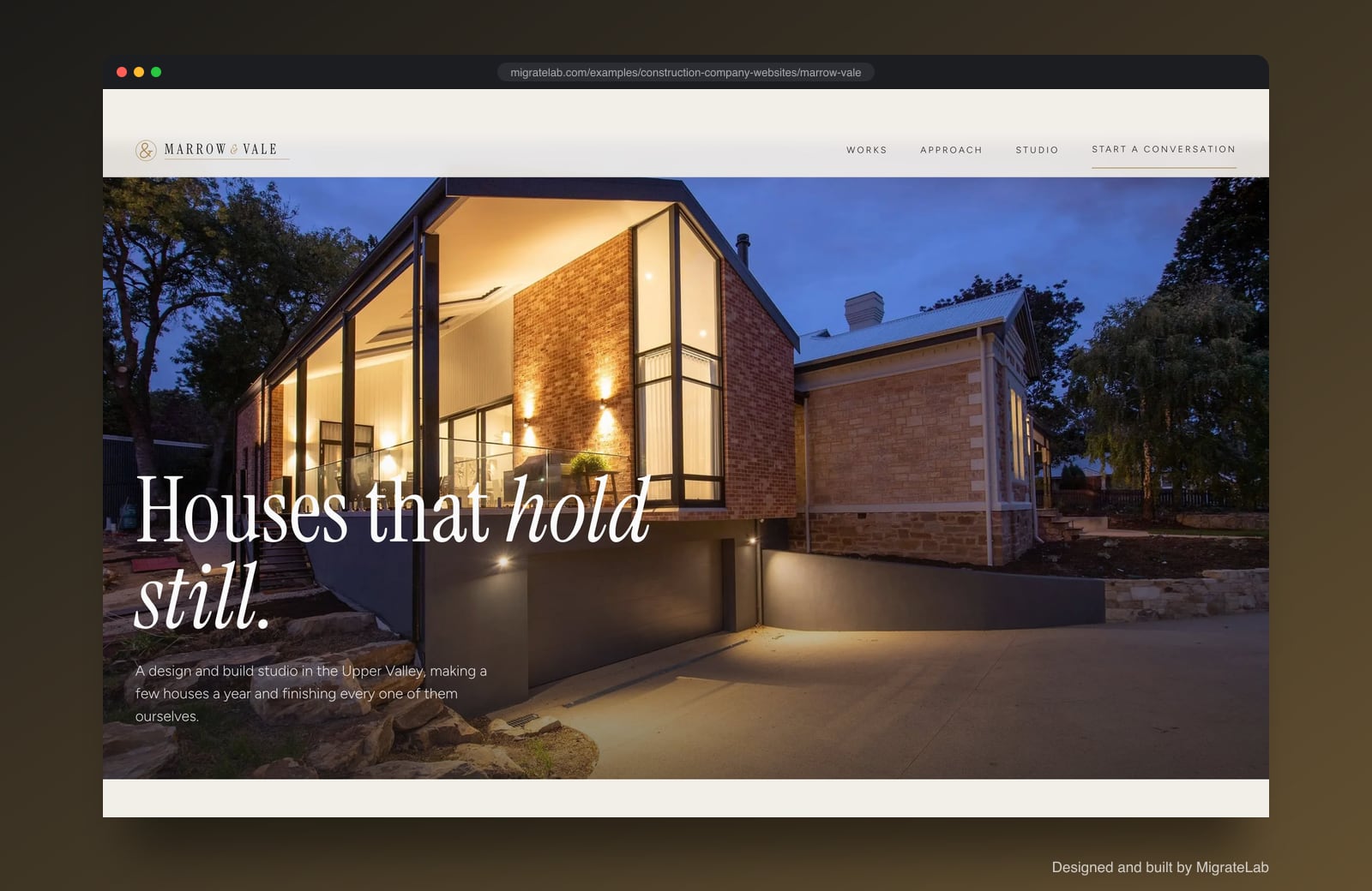 Construction company website example by MigrateLab: Marrow & Vale Design and build, a premium design-led design shown in a browser