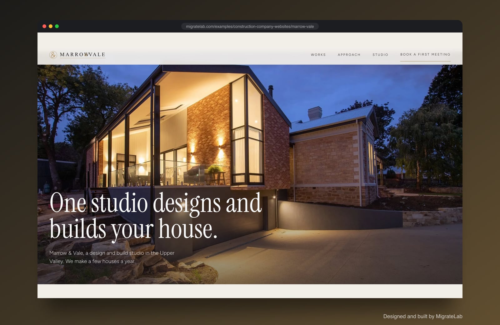 Construction company website example by MigrateLab: Marrow & Vale Design and build, a premium design-led design shown in a browser