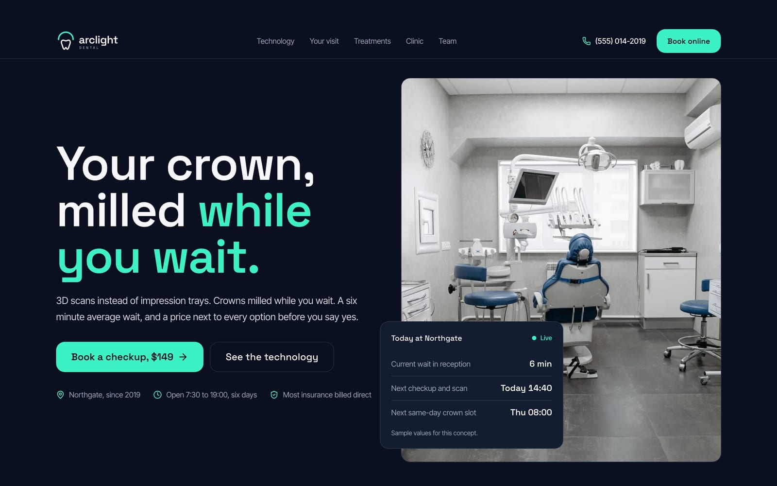 Dental practice website design: Arclight Dental home page, bold and industrial style