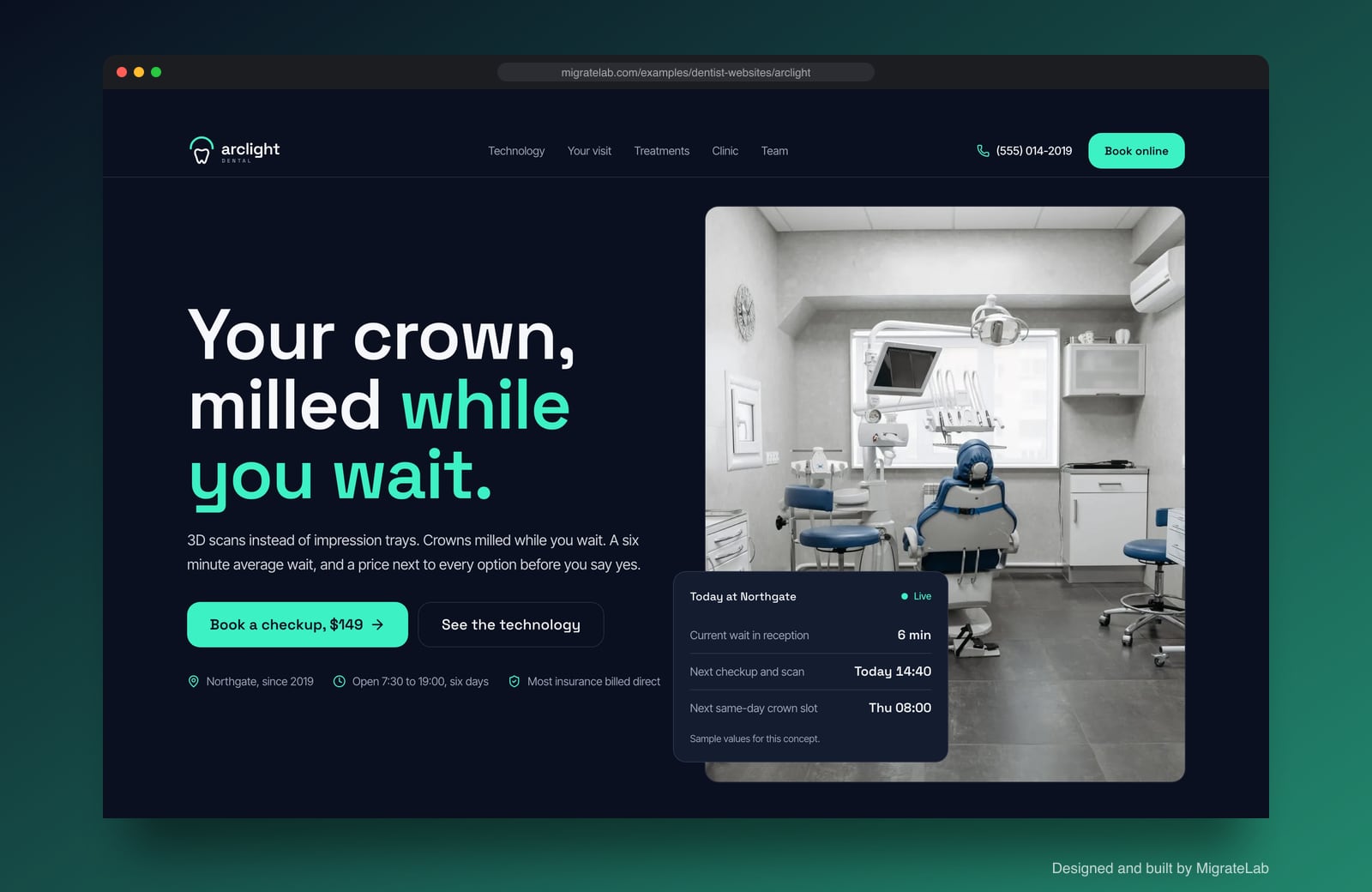 Dental practice website example by MigrateLab: Arclight Dental, a bold and industrial design shown in a browser