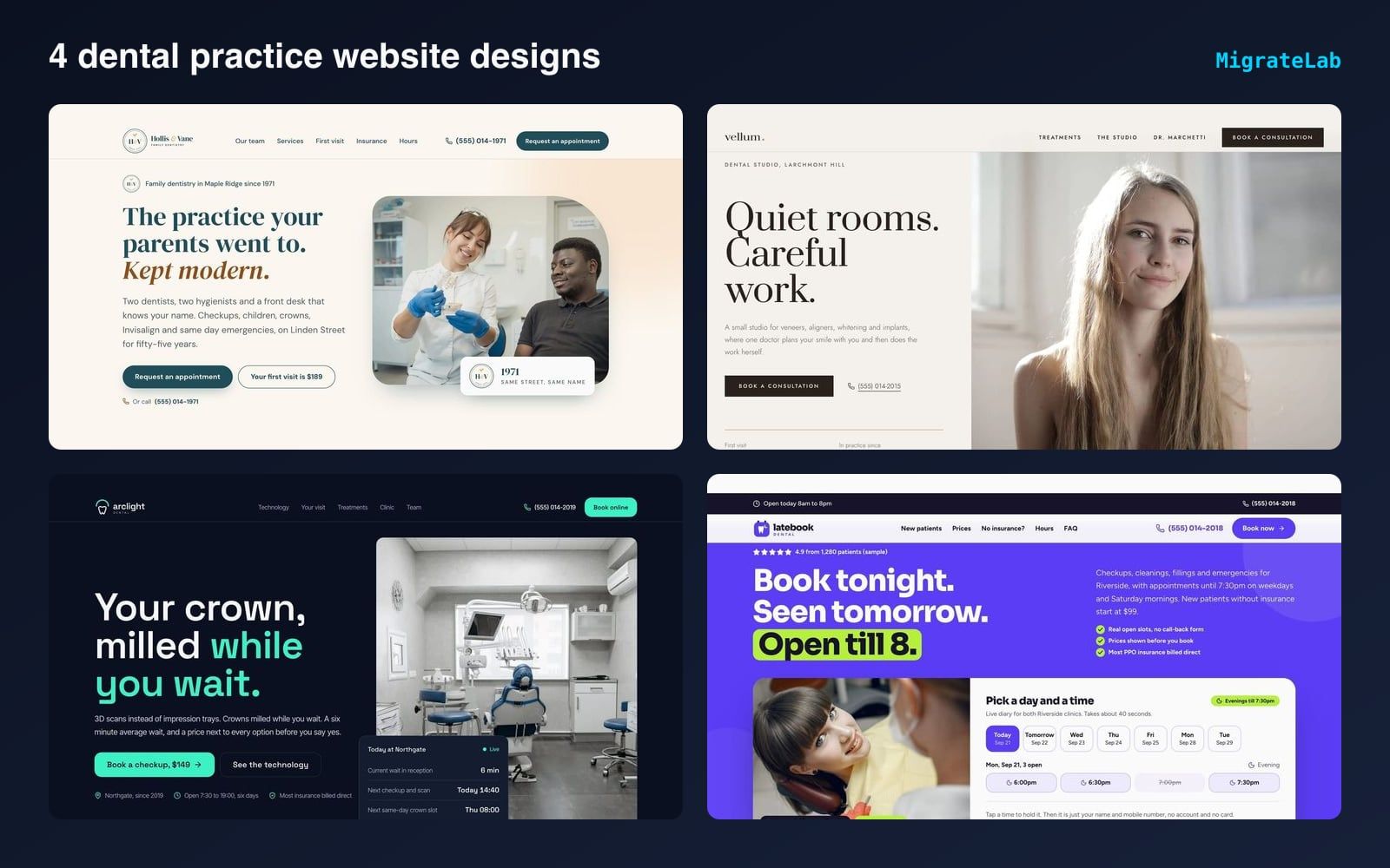 Four dental practice website designs by MigrateLab shown side by side