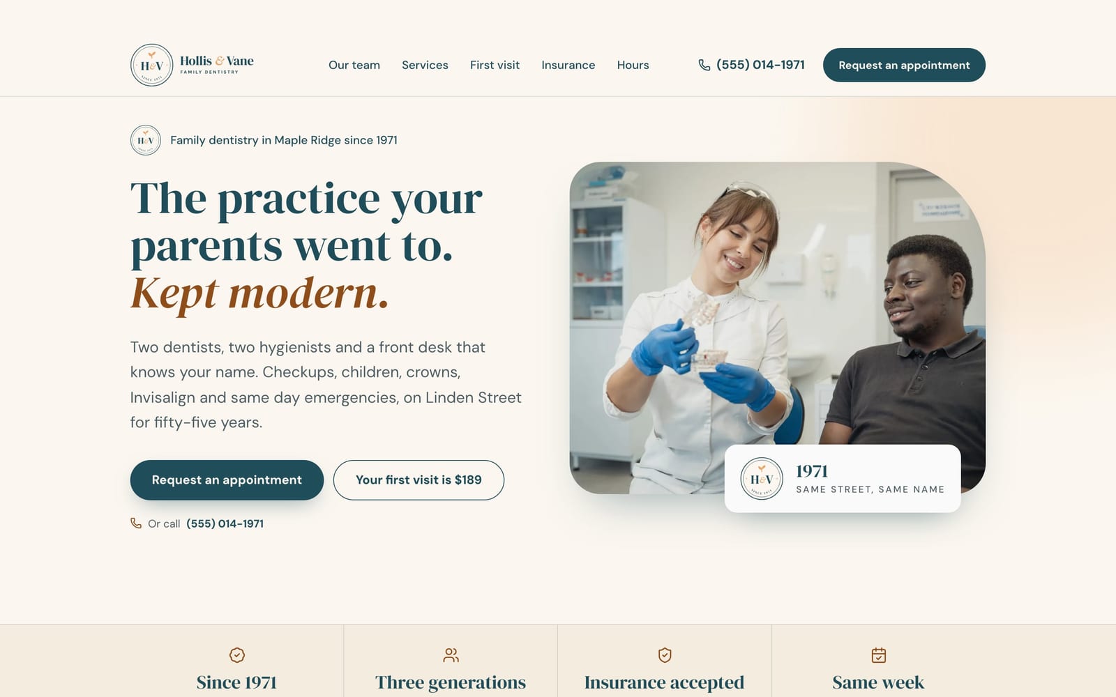 Dental practice website design: Hollis & Vane Family Dentistry home page, heritage and trust style